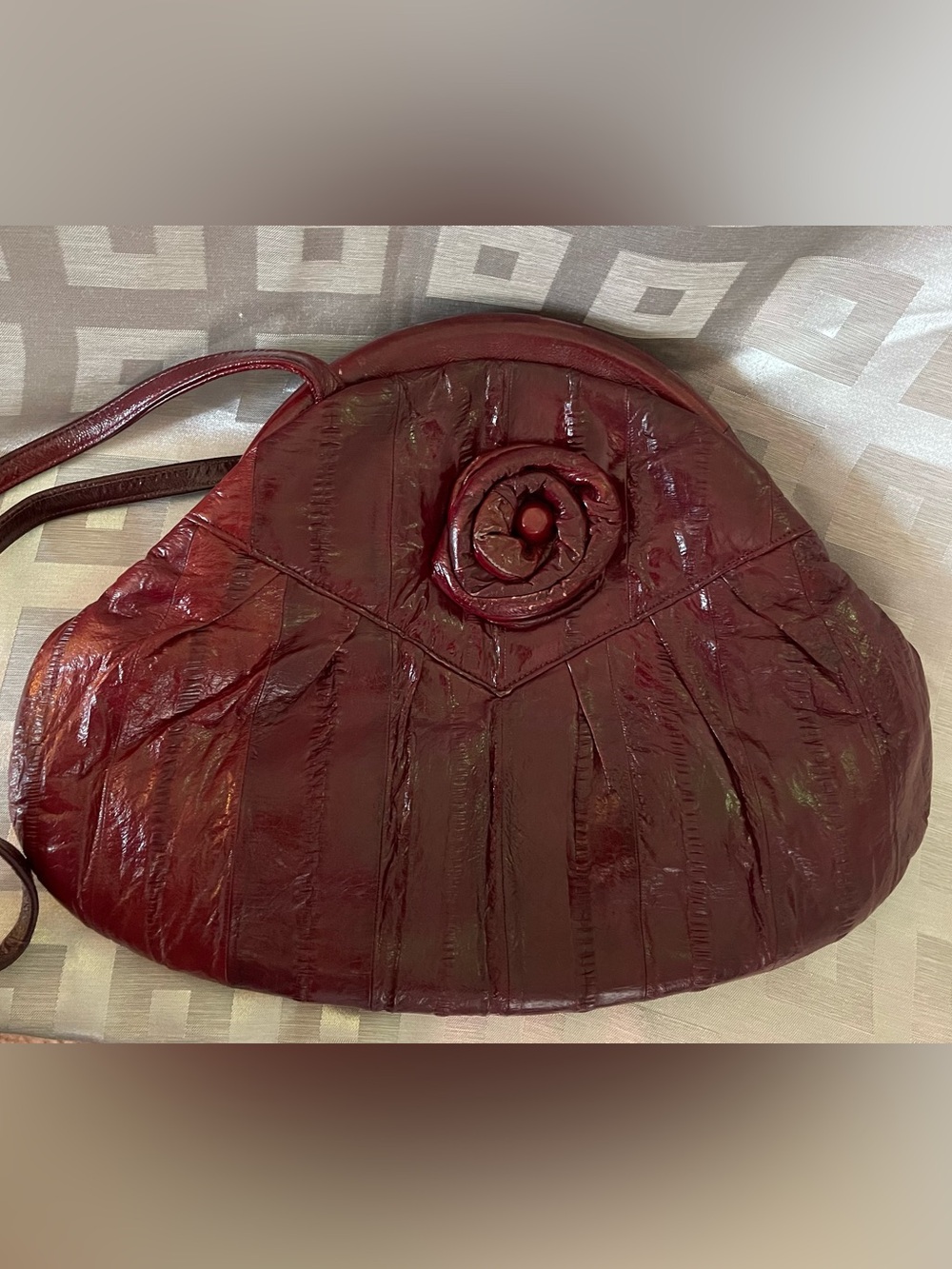 Vintage Red Eel Skin Leather Flower Crossbody Clutch Bag